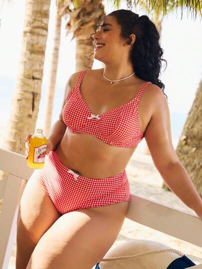 Swim Mod Conjunto de bikini minimalista sexy de 2 piezas con estampado de cuadros rojos retro y aros, para mujeres de talla grande, perfecto para vacaciones de verano en la playa