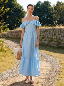 Aveloria Rosie Französisches elegantes Resort Sexy Spaghetti-Träger Off-Shoulder Kleid mit Rüschensaum, Bogen-Volants und Jacquard-Stoff, figurbetonter Schnitt für Damen