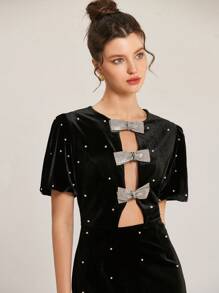 Aveloria Rosie Elegant Vintage Rhinestone Bow Decor Hollow Sexy Puff Sleeve Waisted Velvet Glitter Polka Dot Embellished Mini Dress For Women All Over Print  For Summer