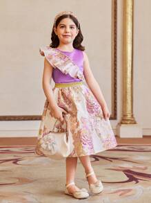 SHEIN Conjunto de 2 piezas de top sin mangas morado y falda con volantes a juego para niñas, atuendo elegante para fiestas, apropiado para salir, reuniones familiares y cumpleaños