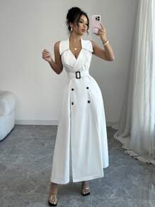 Elenzga Women's Elegant French Style Casual/Vacation/Commute Solid Color Notched Collar, Double-Breasted, Cinched Waist Long Dress, Sleeveless, A-Line, Spring/Summer