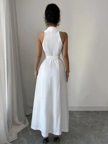 Elenzga Women's Elegant French Style Casual/Vacation/Commute Solid Color Notched Collar, Double-Breasted, Cinched Waist Long Dress, Sleeveless, A-Line, Spring/Summer
