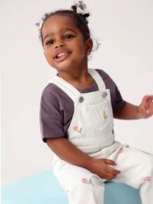 SHEIN Denimly 女童时尚休闲可爱花卉刺绣水洗白色牛仔背带裤