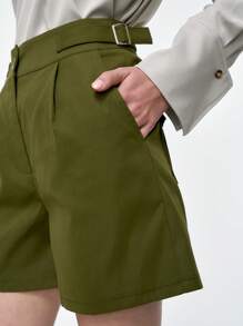 SHEIN Clasi 女式休闲优雅军绿色斜口袋和褶皱直筒短裤 - 軍綠色 - 查看 6