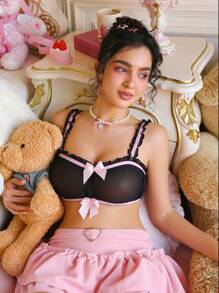 PetitDoll 色块、蝴蝶结、褶饰、抽褶、丝带女士内衣文胸 - 黑色 - 查看 4