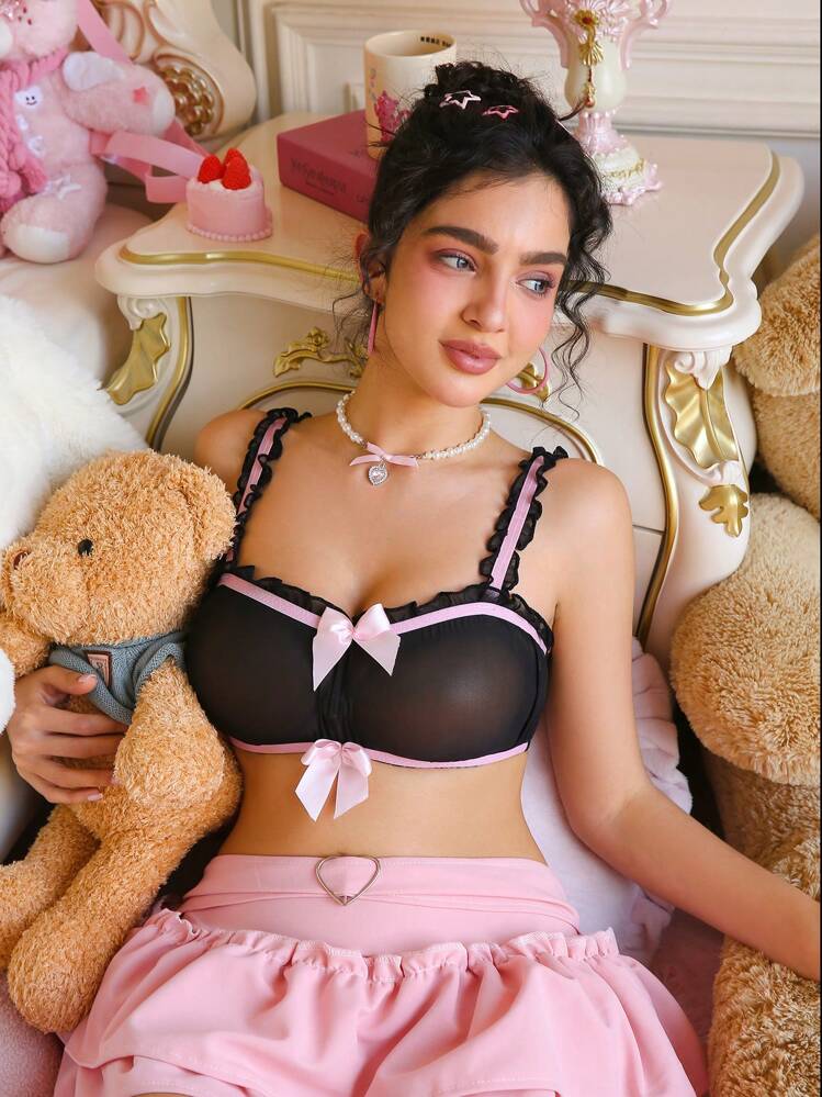 PetitDoll Color Block , Bow, Ruched, Shirred, Ribbon Women's Lingerie Bra - Black - View 4