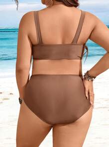Swim Lushoire Plus Size Women Two Pieces Swimwear With Contrast Color And Asymmetrical Buckle Decor, Vacation Beachwear For Summer - Multicolor - View 2