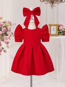 SHEIN Vestido de punto ajustado de manga gigot y cuello redondo de color liso para bebé niña