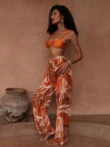 Swim Oasis Springbreak 3Pcs Women's Summer Holiday Solid Textured U-Neck Backless Top & High-End Printed Mesh Beach Pants Swimwear Set, Festival Boho - Multicolor - View 8