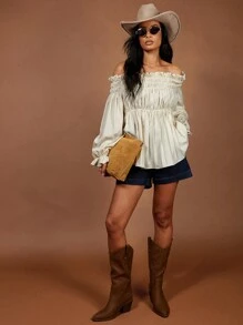 COSMINA Women's Elegant Resort Cream Ruched Off Shoulder Top, Spring/Summer - Cream - View 3