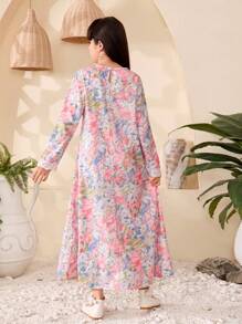 女童扎染花卉印花连衣裙，蓝色和粉色 - 粉色 - 查看 2