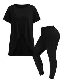 SHEIN LUNE 2pcs Plus Size Short Sleeve T-Shirt And Pants Set, Minimalist Fashion Casual Daily Wear