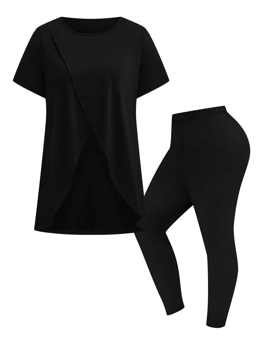 SHEIN LUNE 2pcs Plus Size Short Sleeve T-Shirt And Pants Set, Minimalist Fashion Casual Daily Wear