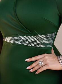 Modelyn Plus Size Elegant Party Rhinestone Decor Cape Sleeve Dress - Dark Green - View 7