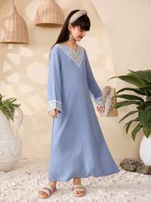 Holiday,Summer,Travel  Tween Girls Long Sleeve Gray-Blue Robe, Loose Fit Floral Embroidered Mesh Splice Dress, Suitable For School, Travel, Family Gathering, Holiday, Spring And Autumn