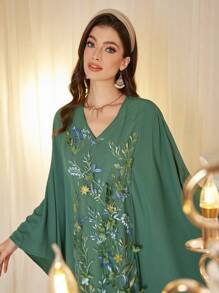 Al Najma Floral Embroidery Panel Robe, Romantic Party Gown - Green - View 7