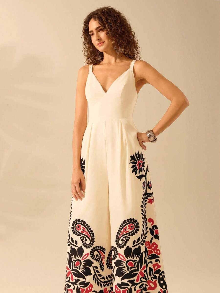 CAJUNI Women's Casual Vacation Tropical Print Cami Jumpsuits, Bohemian Summer Loose Wide Leg Rompers In Beige, Black, White Colors - Multicolor - View 1