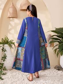 青少年女孩休闲简约时尚长袖日常连衣裙 - 藍色 - 查看 2