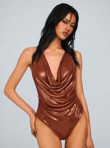 TRNVIE Women's Comfortable Metallic Shine Music Festival Spaghetti Strap Bodysuit, Brown, Spring/Summer