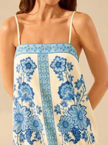 CAJUNI Women's Boho Tropical Floral Blue Print Spaghetti Strap Backless Short Casual Holiday Beach Summer Dress