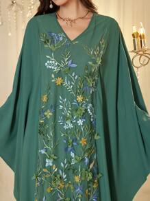 Al Najma Floral Embroidery Panel Robe, Romantic Party Gown - Green - View 1