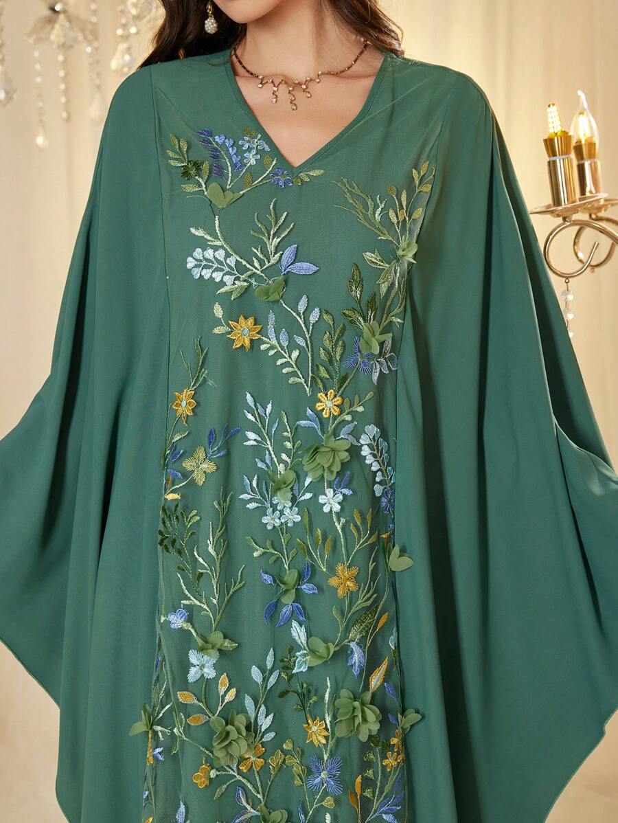 Al Najma Floral Embroidery Panel Robe, Romantic Party Gown - Green - View 1