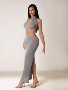 Zolique Sexy One Shoulder Long Sleeve High Neck Hollow Out Back High Slit Women Dress - Apricot - View 5