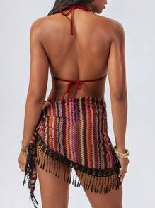 Swim EVENT Women's Fashion Sexy Beach Holiday Style Off-Shoulder Rope Skirt With Tassels, Special Striped Fabric Bikini Three Pieces Set For Summer Beach Vacation - Multicolor - View 3