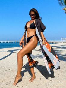 SHEIN Swim Saída de praia feminina casual com fenda lateral e quimono longo com estampa floral, estilo festival boêmio, férias de verão na praia