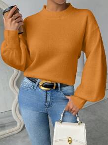 SHEIN Unity Women's Casual Solid Color Lantern Sleeve Sweater, Autumn/Winter Knit Pullover Fall - Rust Brown - View 5