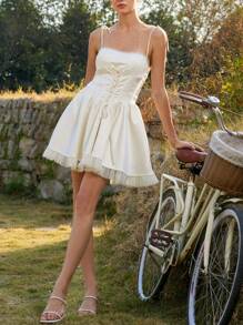 Aveloria Rosie 女式性感法式甜心领交叉带荷叶边腰部褶皱中长连衣裙 - 白色 - 查看 4