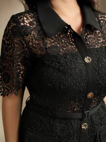 Anewsta 大码女式水溶性蕾丝边时尚中长短袖中长连衣裙，春夏装 - 黑色 - 查看 4
