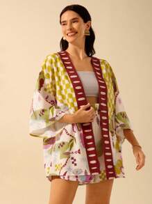 CAJUNI 女士波西米亚风彩色热带印花和服罩衫，宽松版型，适合度假和海滩，夏季 - 彩色 - 查看 3