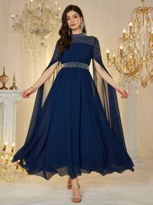 Modelyn Women Luxury Flashy Rhinestone Long Sleeve Dress - Royal Blue - View 4