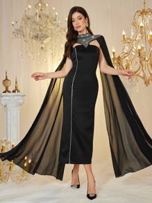 Modelyn Women's Rhinestone Embellished V-Neck Elegant Lantern Sleeve Long Dress