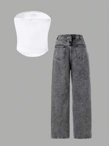 Teen Girls Distressed Denim Jeans With Butterfly Print Tank Top - White - View 8