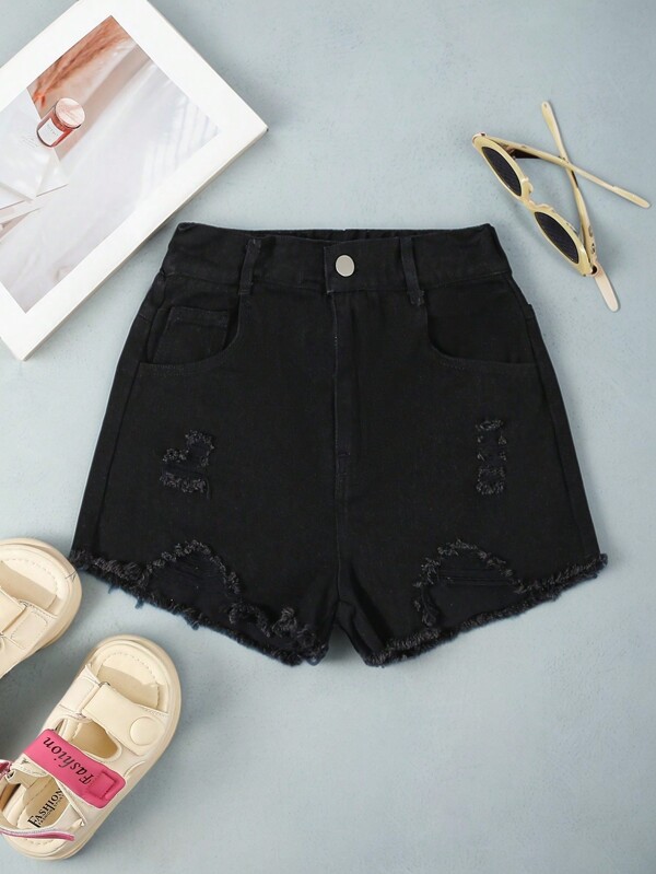 SHEIN Tween Girl' Loose Casual Minimalist Denim Shorts,Holiday,Summer,Travel