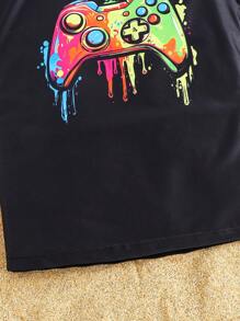 SHEIN 2pcs Kids/Tween Boys Casual Versatile Printed Round Neck Short Sleeve Top And Printed Swim Trunks Swimsuit Set