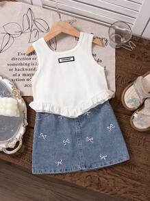 SHEIN 女童无袖上衣，V 型下摆，刺绣牛仔裙套装，甜美时尚夏季服装 - 彩色 - 查看 1
