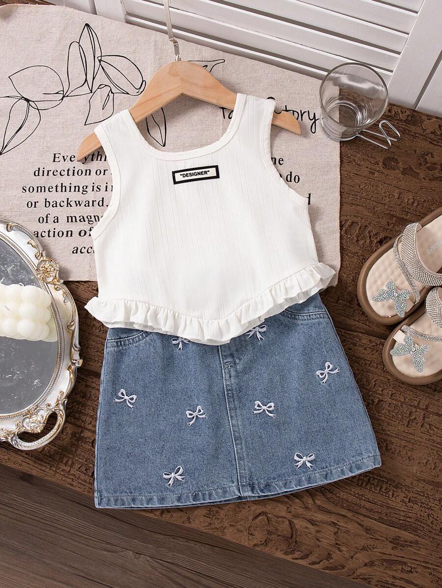 SHEIN 女童无袖上衣，V 型下摆，刺绣牛仔裙套装，甜美时尚夏季服装 - 彩色 - 查看 1