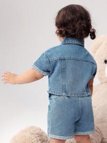Set 2 Potong Denimly Baby Girls Fashion Motif Bunga Lucu Pinggang Elastis Dekorasi Pita Denim Cuci - Medium Wash - View 2