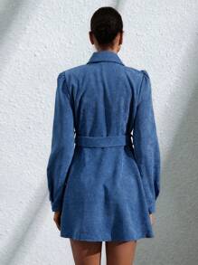 Aveloria Modichic Elegante y encantador vestido corto de mujer de manga larga con cuello redondo, cinturón de lino a rayas y mangas abullonadas para vacaciones