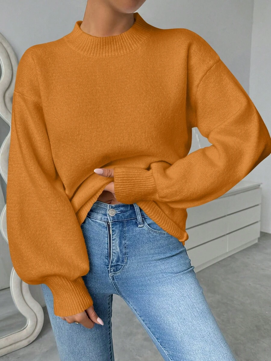 SHEIN Unity Women's Casual Solid Color Lantern Sleeve Sweater, Autumn/Winter Knit Pullover Fall - Rust Brown - View 1