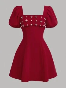 SHEIN 青少年女孩甜美泡泡袖方领串珠 A 字形连衣裙