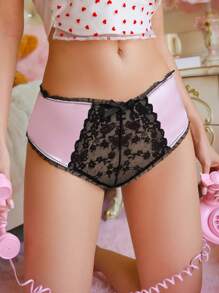PetitDoll Sweet & Cute Pink Lace Patchwork Satin Sheen Ladies Panties - Pink - View 3