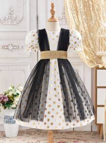 SHEIN Young Girls Chiffon Polka Dot Contrast Mesh Dress, Vintage Gold Polka Dots Puff Sleeve A-Line Dress With Golden Woven, Matching Family Vacation, With Golden Woven, Sibling Outfits, Sisters Outfit, Suitable For Girls Daily Wear, Festivals, Family Gatherings And Special Occasions, Sibling Outfits Sisters Ramandan Style Outfit, Spring And Summer, Cute & Elegant & Sweet & Vintage & Fashionable.Mom And Daughter & Sisters Matching. - Black and White - View 2