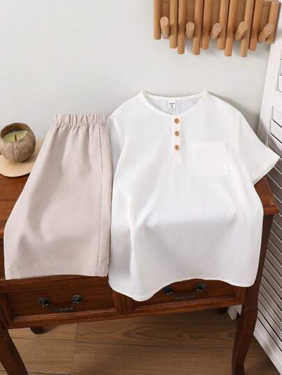 SHEIN Abaya & Ramadan Tween Boy Loose Casual Stand Collar Short Sleeve Shirt & Shorts 2 Pieces Set