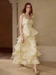 MOTF 多层系带荷叶边连衣裙 - 杏色 - 查看 2