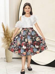 SHEIN Leap Crew Tween Girl Attached Round Neck Ruffle Hem Cute Top And A-Line Skirt 2 Pieces Set - White - View 5