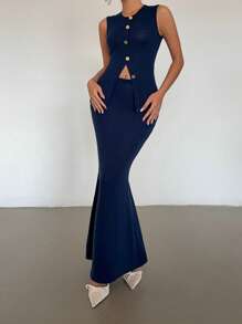 Rafferiza 2 件时尚套装：无袖单排扣短款上衣 + 高腰修身及踝长连衣裙，女士时尚套装